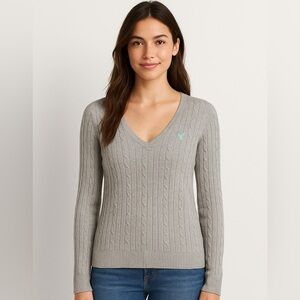 Vintage Y2K American Eagle Womens V-Neck Preppy Cable Knit Sweater medium gray